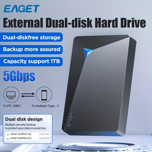 قرص صلب خارجي EAGET بسعة 1 تيرابايت ذو قرصين - محمول USB 3.0 HDD ميكانيكي، توصيل وتشغيل للكمبيوتر الشخصي، ماك، الكمبيوتر المحمول، PS4، Xbox One & 360، جهاز تخزين، 2.5 بوصة