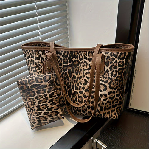 2pcs Retro Animal Print Leopard & Bear Design Shoulder Bag Set - Large Capacity, Fashionable & Casual Style with Zipper Closure, Polyester Lined - Brown & Beige Options, Casual Accessory|Casual Style| Tote