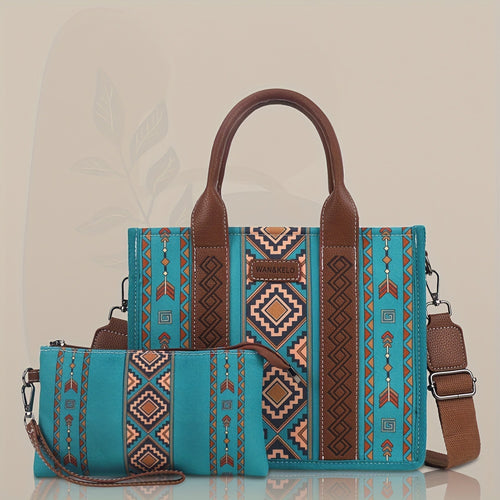 2pcs/set حقيبة ذات مقبض علوي نمط قديم، حقيبة كتف بوهيمية، حقيبة يد ومحفظة نسائية ريترو
