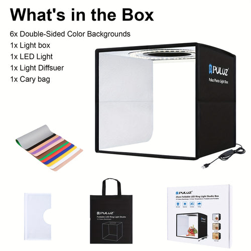 25cm/9.84inch Folding Portable 3 Modes Dual Color Ring Light Photo Lighting Studio Shooting Tent Box with 6 x Dual-side Color Backdrops, Size: 25cm/9.84inch x 25cm/9.84inch x 25cm/9.84inch(Black)