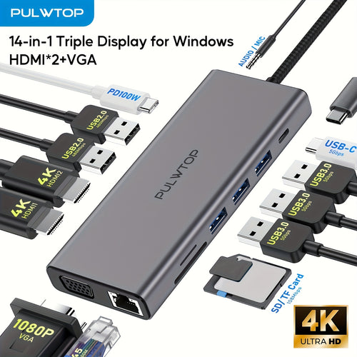 محول PULWTOP 14 في 1 USB C لـMacBook، Dell، HP، Surface Laptop - ثنائي HDTV + VGA، توصيل طاقة 100 واط، إيثرنت جيجابت، قارئ بطاقات SD/TF، صوت وميكروفون، محول متعدد المنافذ للتوصيل والتشغيل، محور USB للكمبيوتر المحمول