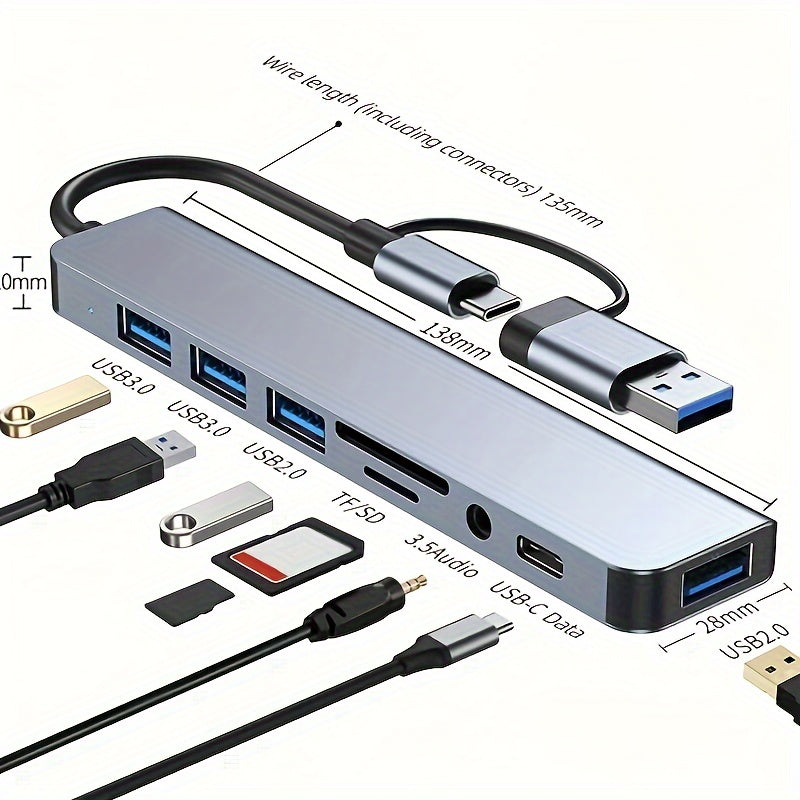 محور THLAN 8 منافذ USB 3.0 وType-C، مزدوج الاستخدام مع ميكروفون صوتي، قارئ بطاقات Micro SD/TF، لأجهزة الكمبيوتر المحمولة، MacBook Pro، iMac، iPad Pro - وضع الطاقة غير المشحون، يتضمن مكونات إلكترونية
