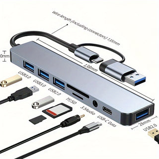 محور THLAN 8 منافذ USB 3.0 وType-C، مزدوج الاستخدام مع ميكروفون صوتي، قارئ بطاقات Micro SD/TF، لأجهزة الكمبيوتر المحمولة، MacBook Pro، iMac، iPad Pro - وضع الطاقة غير المشحون، يتضمن مكونات إلكترونية