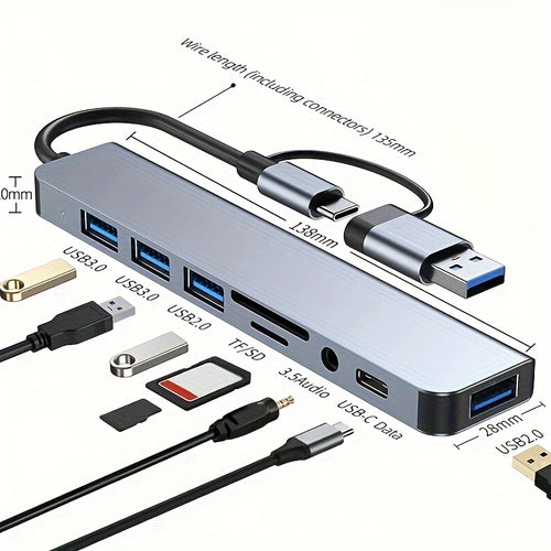 محور THLAN 8 منافذ USB 3.0 وType-C، مزدوج الاستخدام مع ميكروفون صوتي، قارئ بطاقات Micro SD/TF، لأجهزة الكمبيوتر المحمولة، MacBook Pro، iMac، iPad Pro - وضع الطاقة غير المشحون، يتضمن مكونات إلكترونية