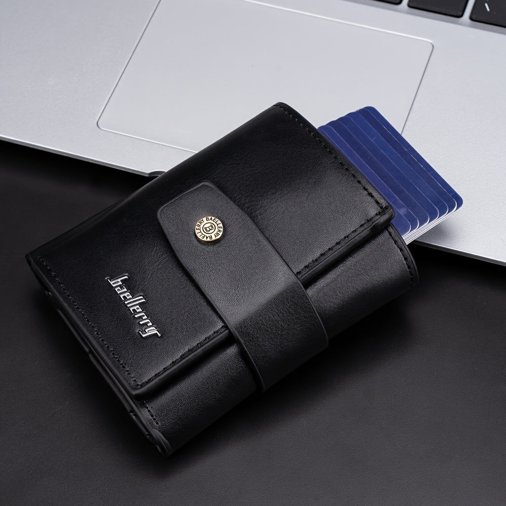 محفظة رجالية جديدة للأعمال مع حجب RFID وفتحة بطاقات تفتح تلقائيًا، إطار معدني من سبائك الألومنيوم ثلاثي الطيات وجلد صناعي فاخر - أسلوب كاجوال، إغلاق بإبزيم آمن، أسود
