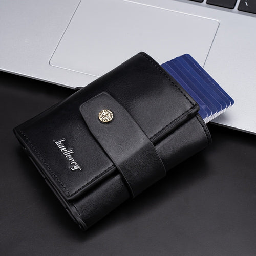 محفظة رجالية جديدة للأعمال مع حجب RFID وفتحة بطاقات تفتح تلقائيًا، إطار معدني من سبائك الألومنيوم ثلاثي الطيات وجلد صناعي فاخر - أسلوب كاجوال، إغلاق بإبزيم آمن، أسود