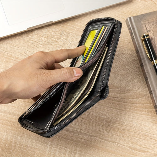 محفظة جلد صناعي للرجال، حامل بطاقات بسحاب سعة كبيرة، محفظة عملات متعددة الوظائف بتصميم عتيق محمول، مصنوعة من جلد صناعي، لون أسود