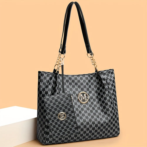 Perfect Lily 2pcs Women'S Vintage Shoulder Bag Set, Large Capacity Tote with Fixed Strap, Synthetic Faux Leather, Zip Closure, Polyester Lined, Lightweight, Random Print Design, Ideal for Daily Commute and Mobile Phone Carrying, Shoulder Bag Set|Printed D