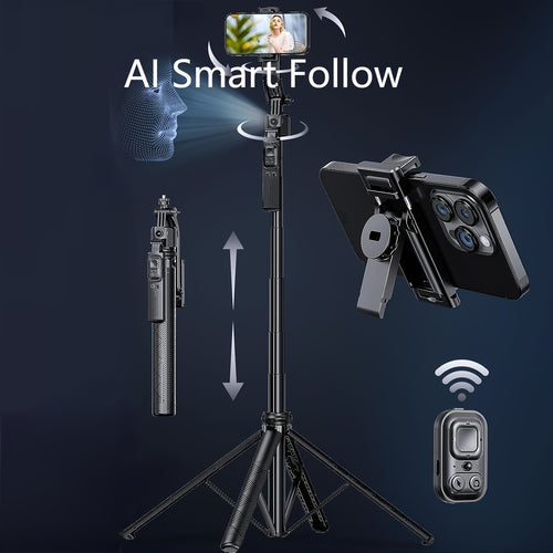 حامل هاتف بتقنية الذكاء الاصطناعي لتتبع الوجه مع قاعدة ثلاثية من الألومنيوم - يدور 360 درجة - تحكم بالإيماءات - لا يحتاج لتطبيق - لاسلكي - يعمل ببطارية زر - مثبت كاميرا الهاتف - معدات الفلوقينغ - إكسسوار عصري - إلكترونيات عالية الجودة