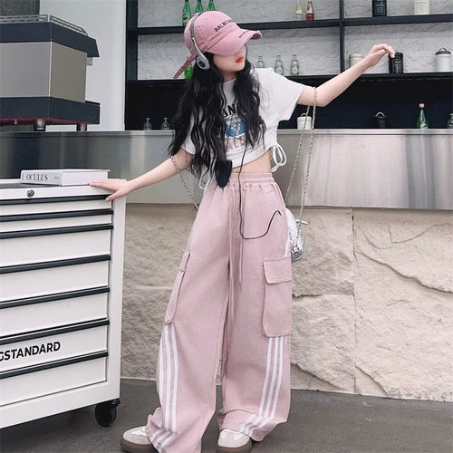 american spice بنات cargo pants for بنات صيف loose كاجوال sports pull pants in candy colors printed pattern for big أولاد