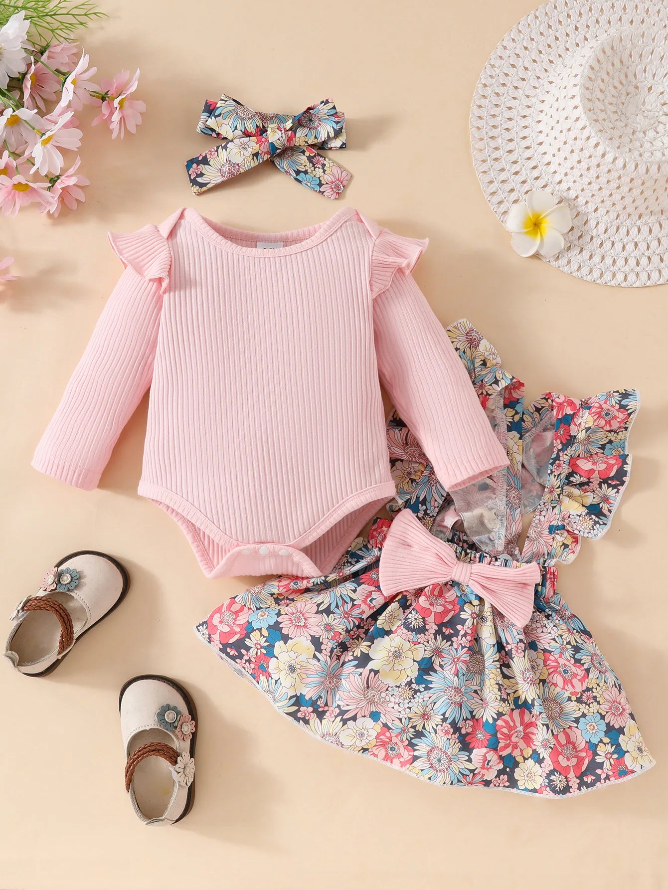 خريف 3 piece بنت rompers floral جيب headband ruffles أكمام طويلةs جديد born baby clothes full طقم