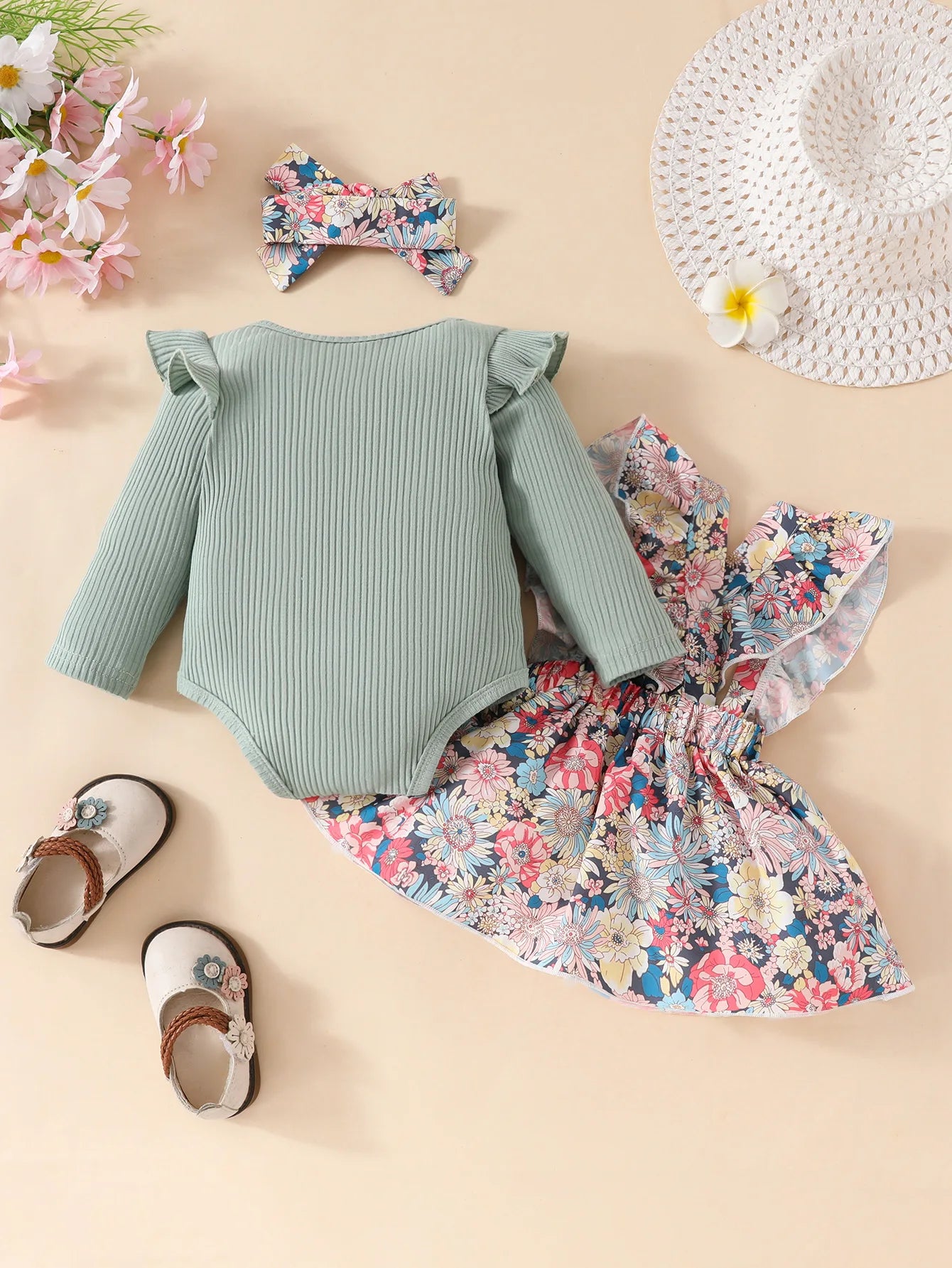 خريف 3 piece بنت rompers floral جيب headband ruffles أكمام طويلةs جديد born baby clothes full طقم