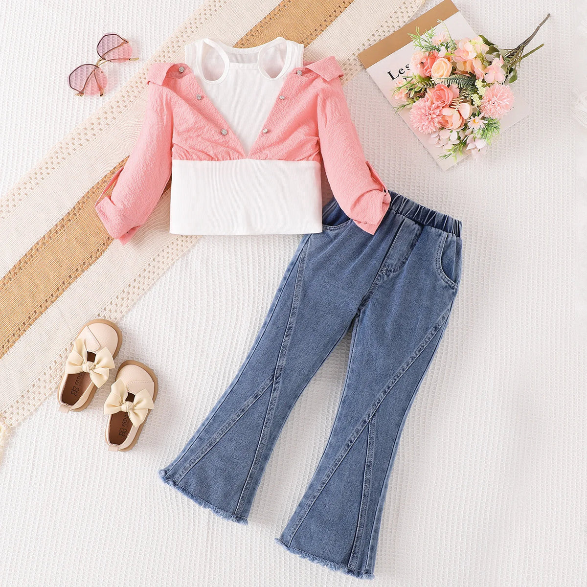 خريف بنت بدلة with trendy fan children's two-piece shoulder-off توب دينم bell pants طقم for toddler