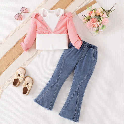 خريف بنت بدلة with trendy fan children's two-piece shoulder-off توب دينم bell pants طقم for toddler