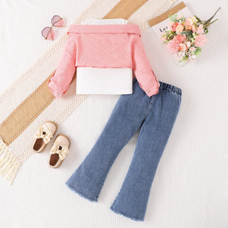 خريف بنت بدلة with trendy fan children's two-piece shoulder-off توب دينم bell pants طقم for toddler