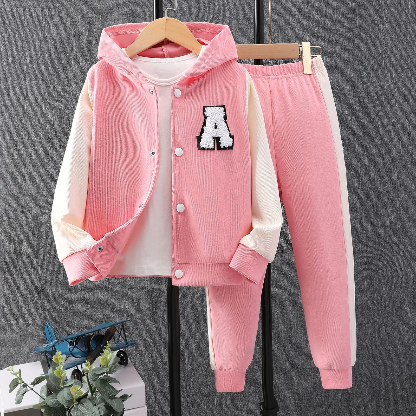 خريف بنات' hooded patchwork jacket+كاجوال pants طقم قطعتين