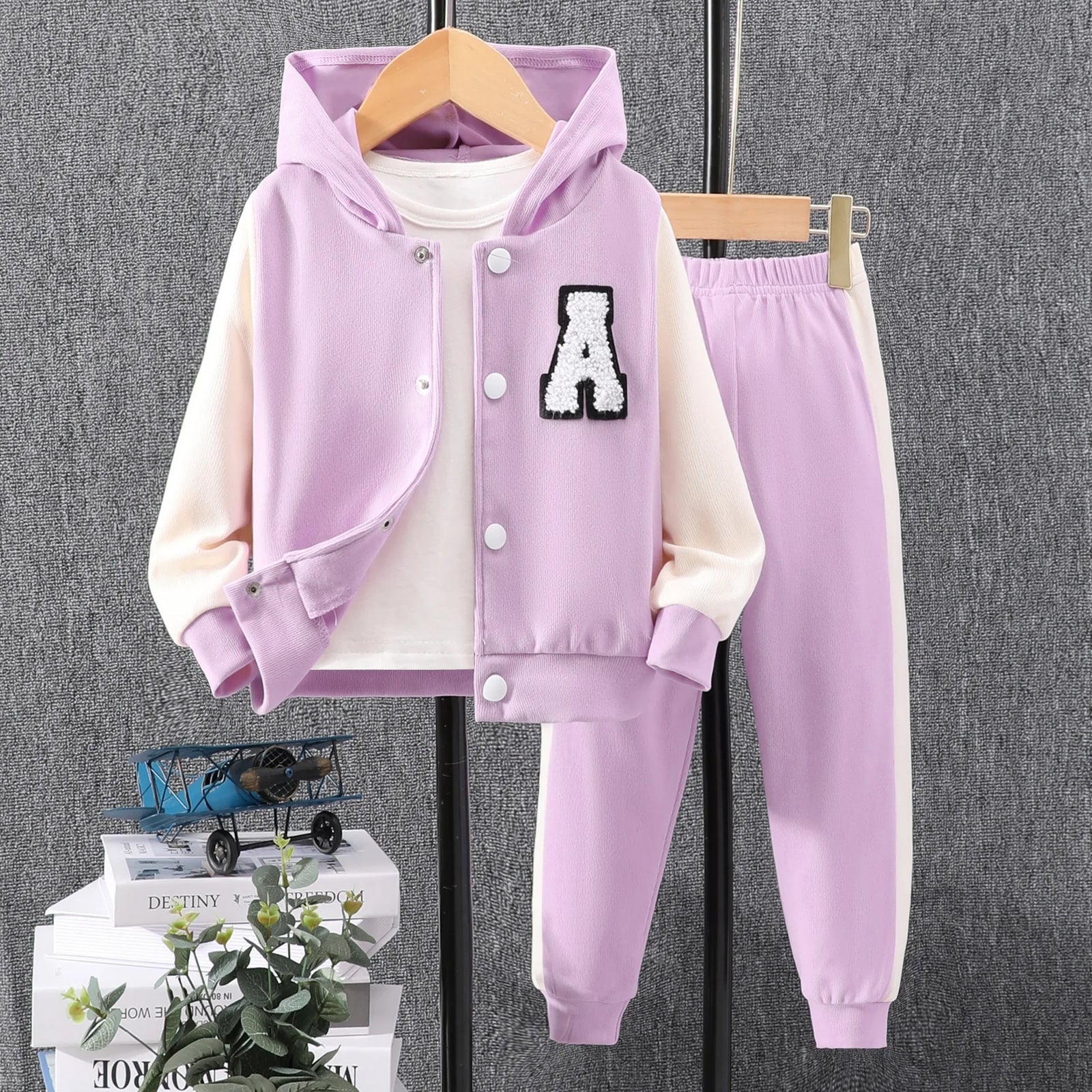 خريف بنات' hooded patchwork jacket+كاجوال pants طقم قطعتين