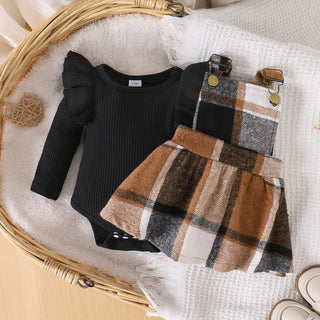 خريف أطفال clothing جديد plaid suspender جيب طقم with كم كشكش أكمام طويلة shirt for little بنات كاجوال ستايل