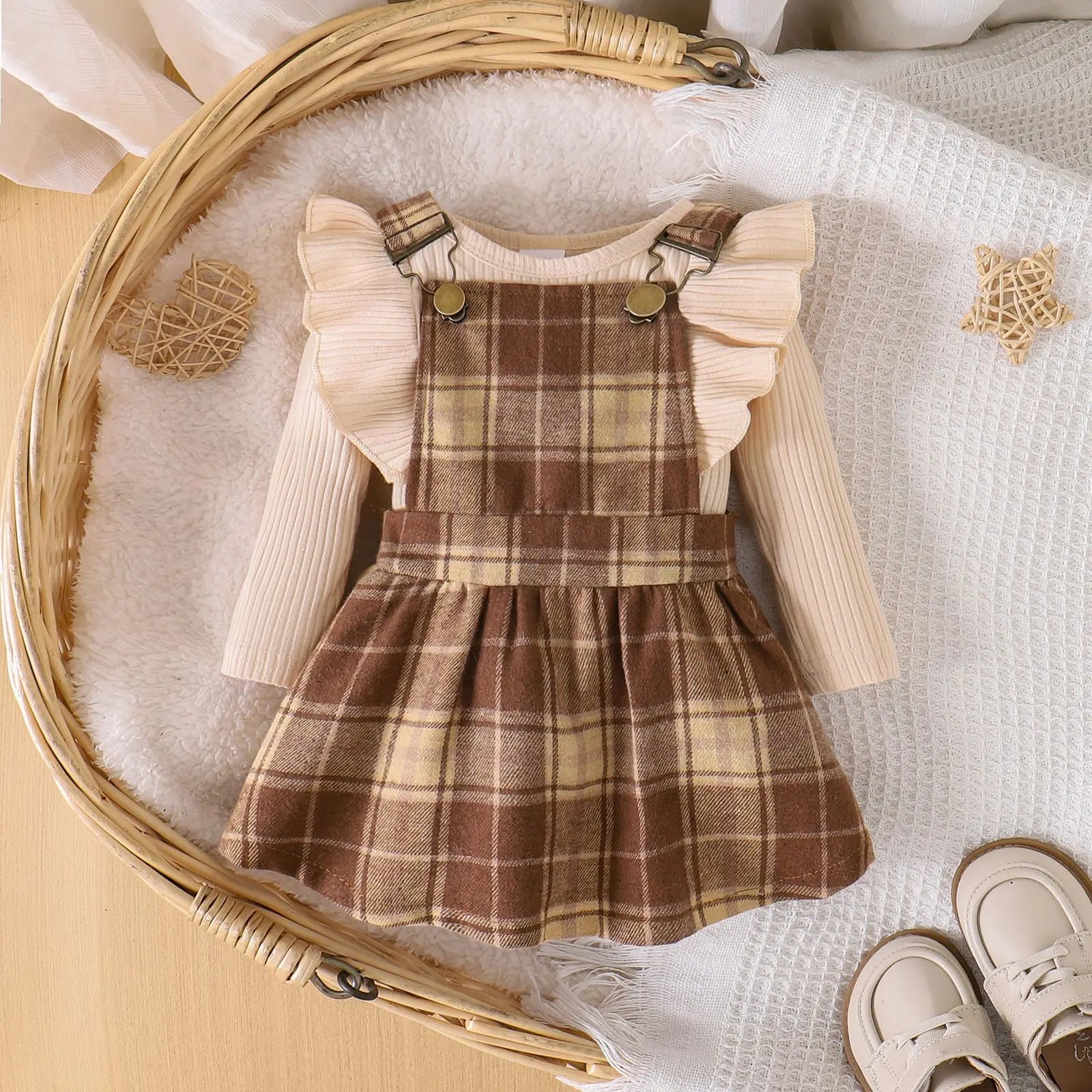 خريف أطفال clothing جديد plaid suspender جيب طقم with كم كشكش أكمام طويلة shirt for little بنات كاجوال ستايل