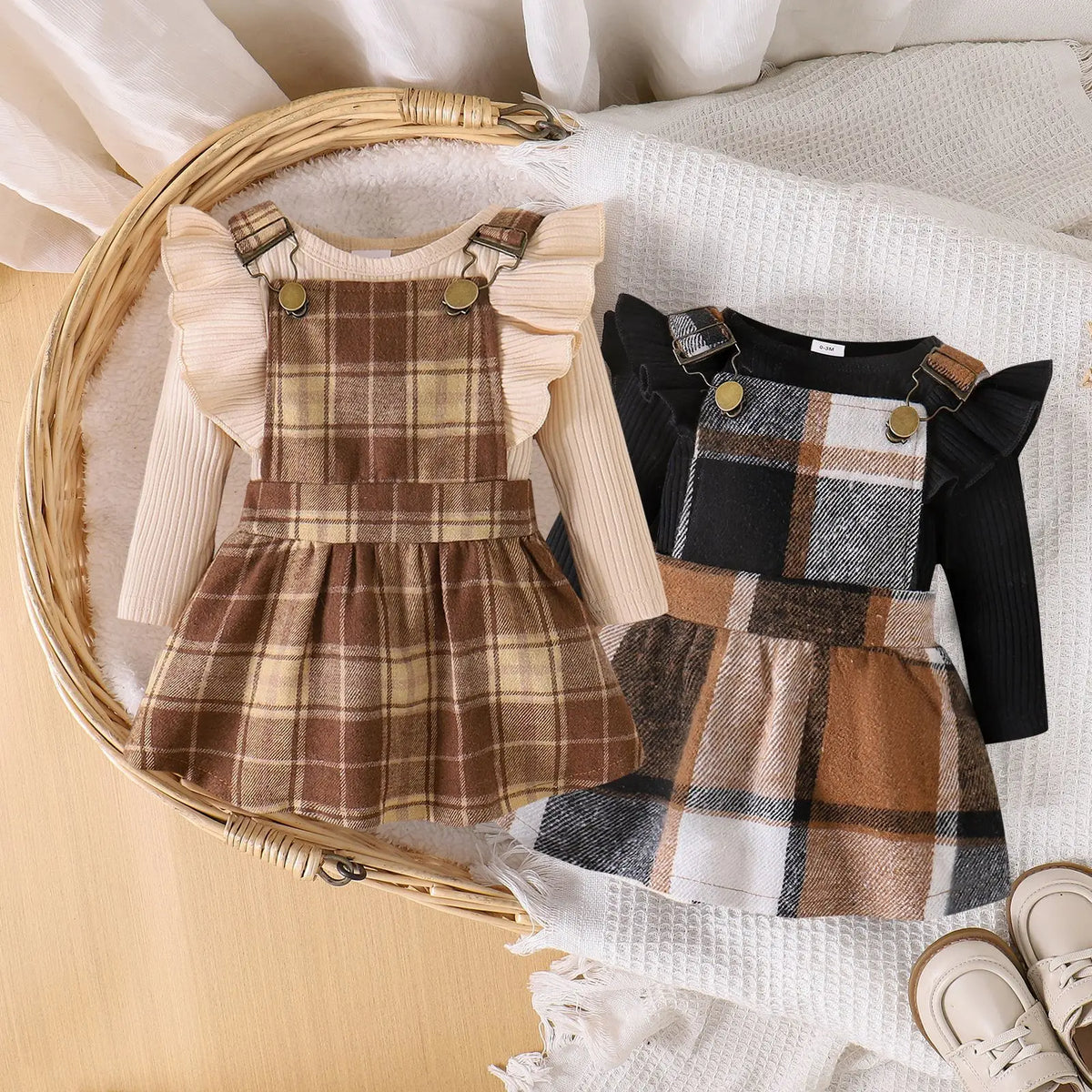 خريف أطفال clothing جديد plaid suspender جيب طقم with كم كشكش أكمام طويلة shirt for little بنات كاجوال ستايل