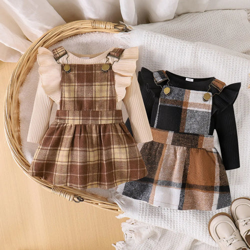 خريف أطفال clothing جديد plaid suspender جيب طقم with كم كشكش أكمام طويلة shirt for little بنات كاجوال ستايل