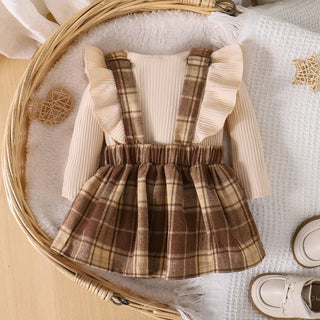 خريف أطفال clothing جديد plaid suspender جيب طقم with كم كشكش أكمام طويلة shirt for little بنات كاجوال ستايل