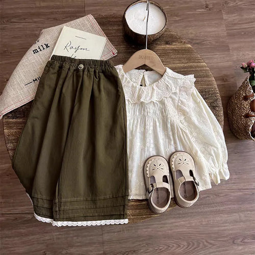 خريف جديد كاجوال children's clothing بنات mori lace embroidered blouse trousers solid two-piece female بدلة cute for بنات