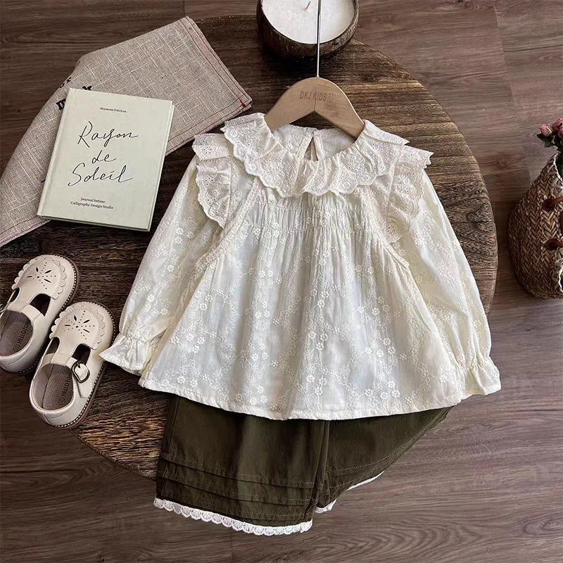خريف جديد كاجوال children's clothing بنات mori lace embroidered blouse trousers solid two-piece female بدلة cute for بنات