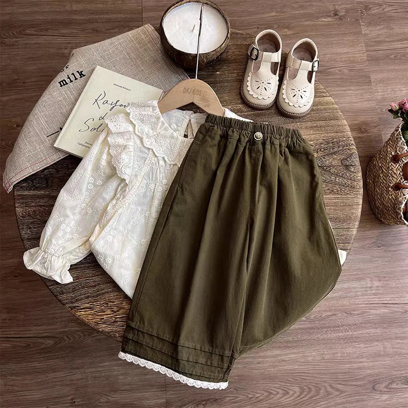 خريف جديد كاجوال children's clothing بنات mori lace embroidered blouse trousers solid two-piece female بدلة cute for بنات