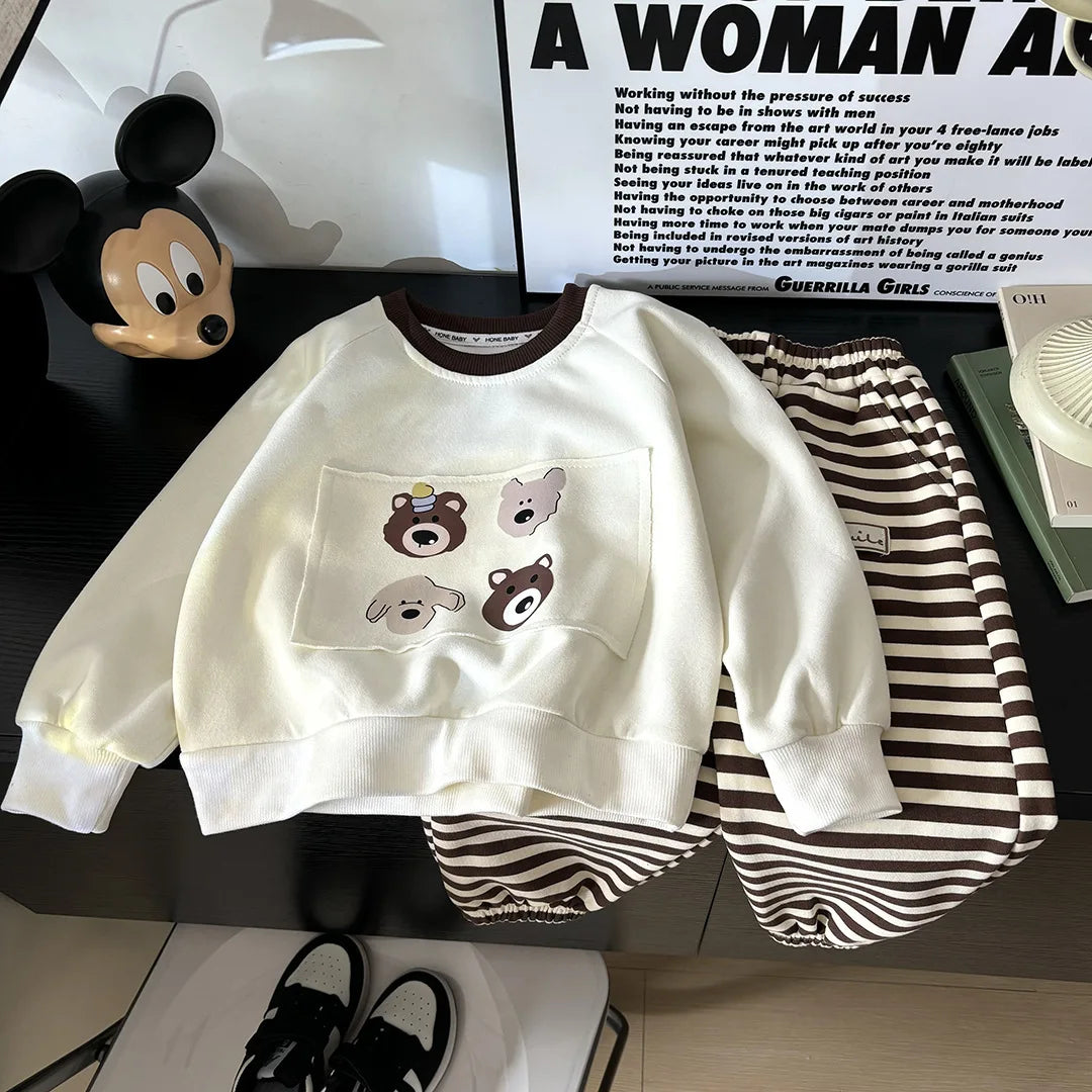خريف جديد children's cotton sweater طقم striped korean كاجوال cartoon print formal warm ستايل