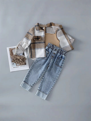 خريف جديد بنات كاجوال solid suspender دينم waistcoat rewash hydro jeans طقم three woolen cloth lapel shirt cross-border