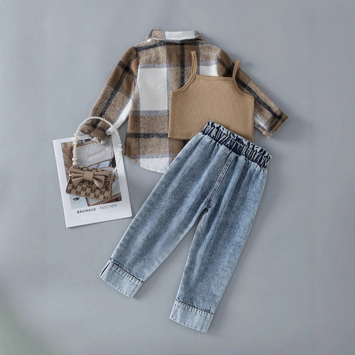 خريف جديد بنات كاجوال solid suspender دينم waistcoat rewash hydro jeans طقم three woolen cloth lapel shirt cross-border