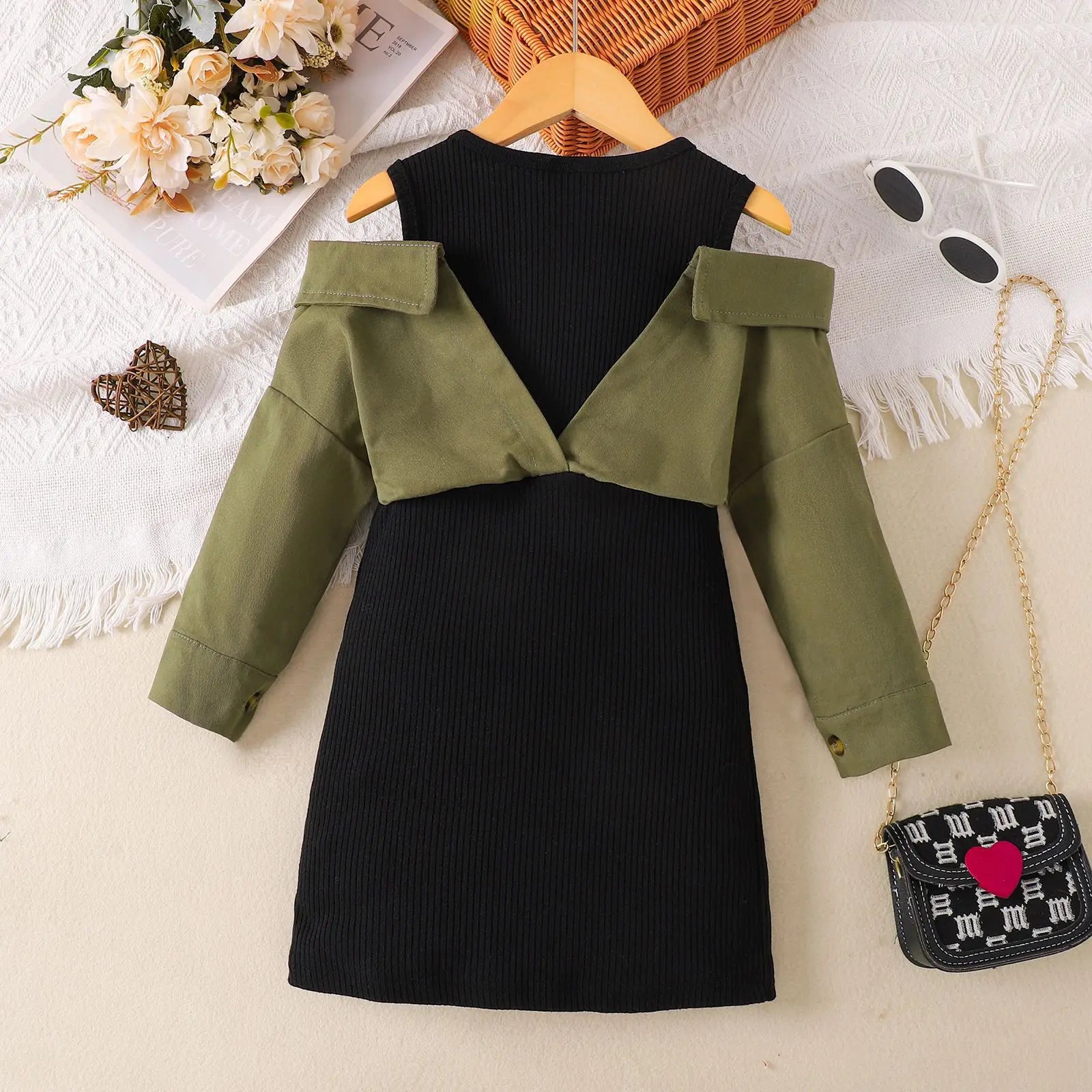 خريف جديد بنات' كاجوال off shoulder patchwork فستان