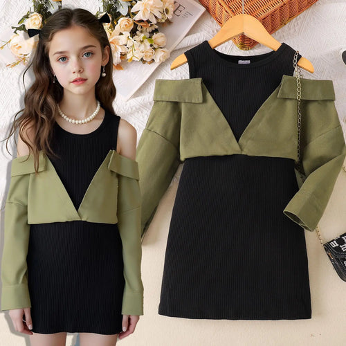 خريف جديد بنات' كاجوال off shoulder patchwork فستان