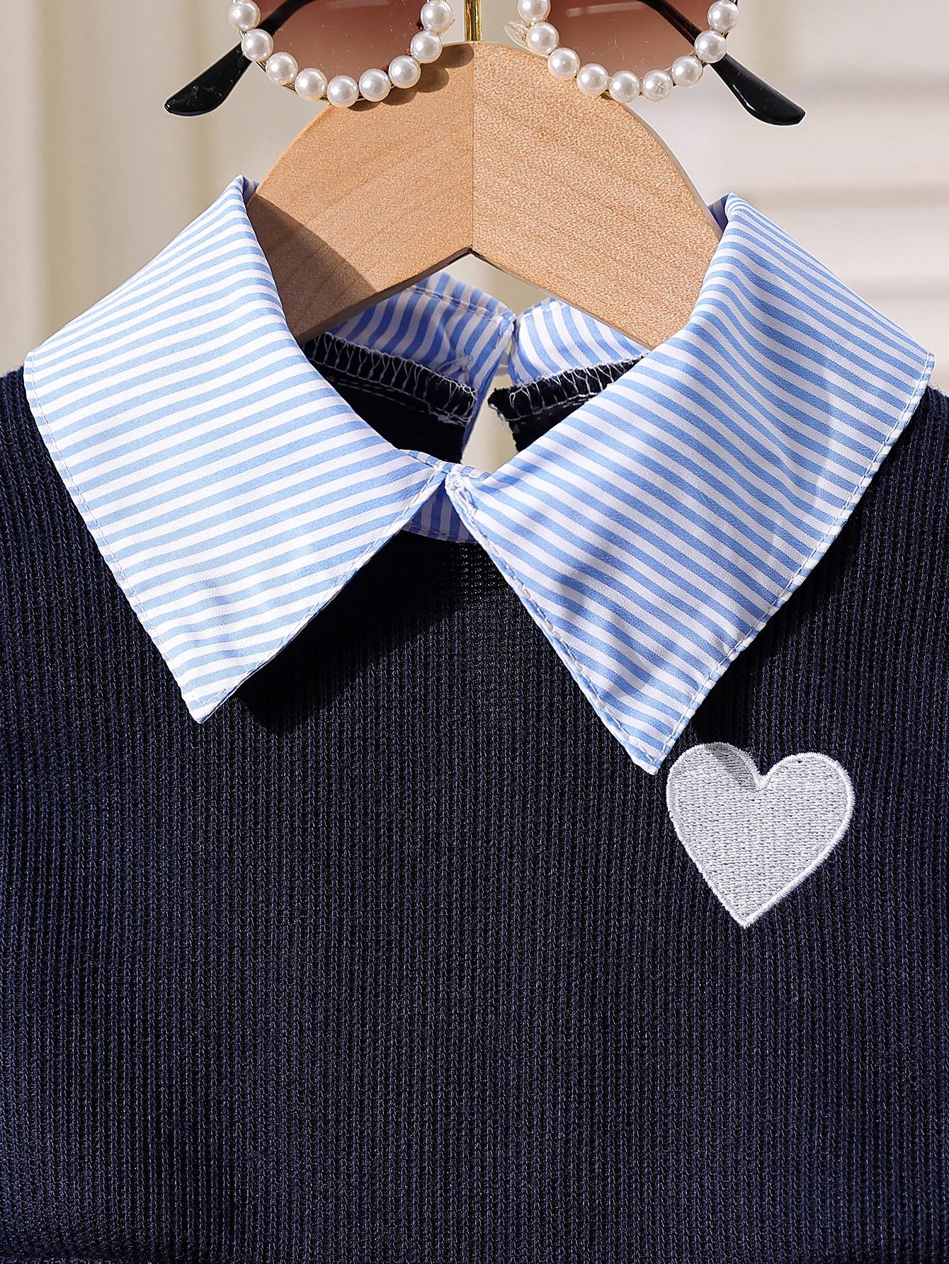 خريف جديد بنات flip-collar shirt stitching توب with دينم bell pants two-piece