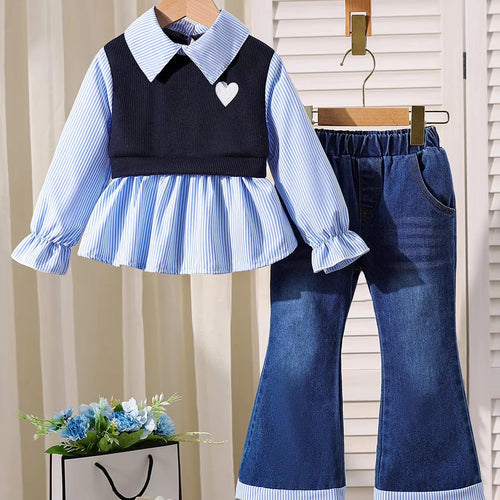 خريف جديد بنات flip-collar shirt stitching توب with دينم bell pants two-piece