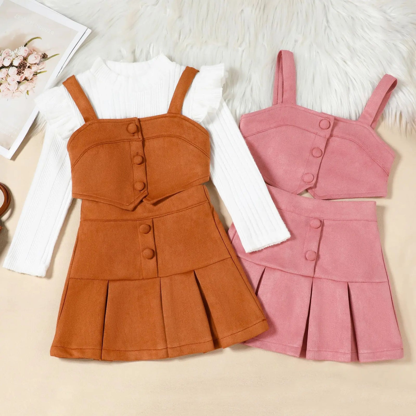 خريف جديد بنات three-piece طقم solid color fly كم توب with suspender waistcoat بليسيه cotton جيب for wear