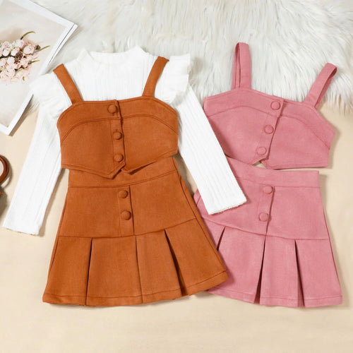 خريف جديد بنات three-piece طقم solid color fly كم توب with suspender waistcoat بليسيه cotton جيب for wear