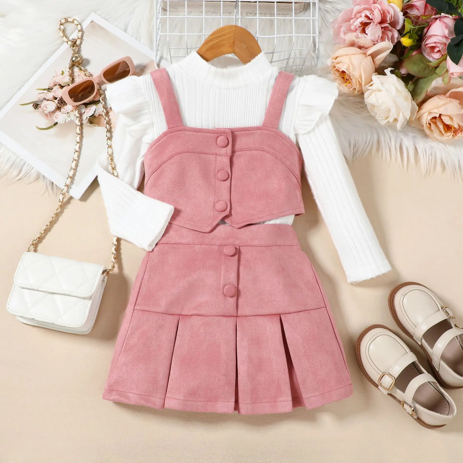خريف جديد بنات three-piece طقم solid color fly كم توب with suspender waistcoat بليسيه cotton جيب for wear