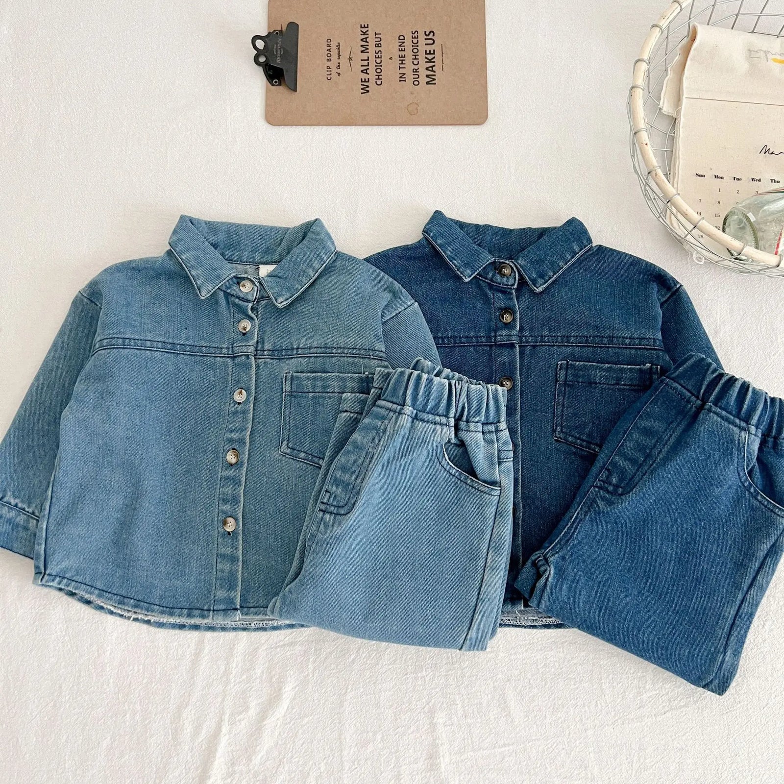 خريف جديد korean version كاجوال print طقم قطعتين دينم بدلة with أكمام طويلة jacket and jeans pants for children