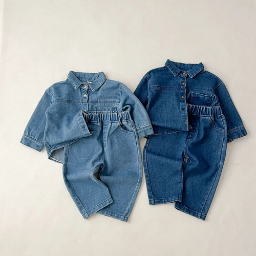 خريف جديد korean version كاجوال print طقم قطعتين دينم بدلة with أكمام طويلة jacket and jeans pants for children