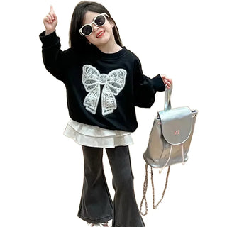 خريف جديد ستايل lace bow hoodie stacked cake جيب ستايل غربي retro bell bottom pants طقم