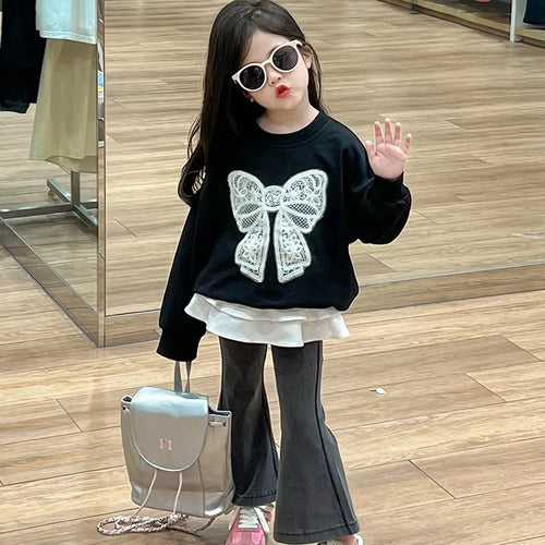 خريف جديد ستايل lace bow hoodie stacked cake جيب ستايل غربي retro bell bottom pants طقم