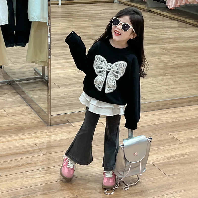 خريف جديد ستايل lace bow hoodie stacked cake جيب ستايل غربي retro bell bottom pants طقم