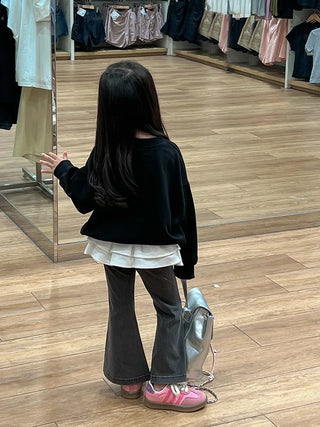 خريف جديد ستايل lace bow hoodie stacked cake جيب ستايل غربي retro bell bottom pants طقم