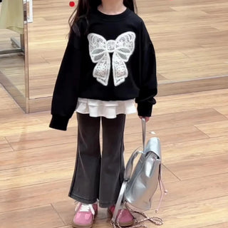 خريف جديد ستايل lace bow hoodie stacked cake جيب ستايل غربي retro bell bottom pants طقم