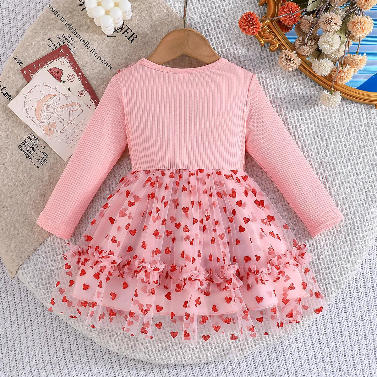 خريف أميرة baby بنت فستان exquisite bow love printed gauze جيب cotton ball gown ستايل for parties and evenings