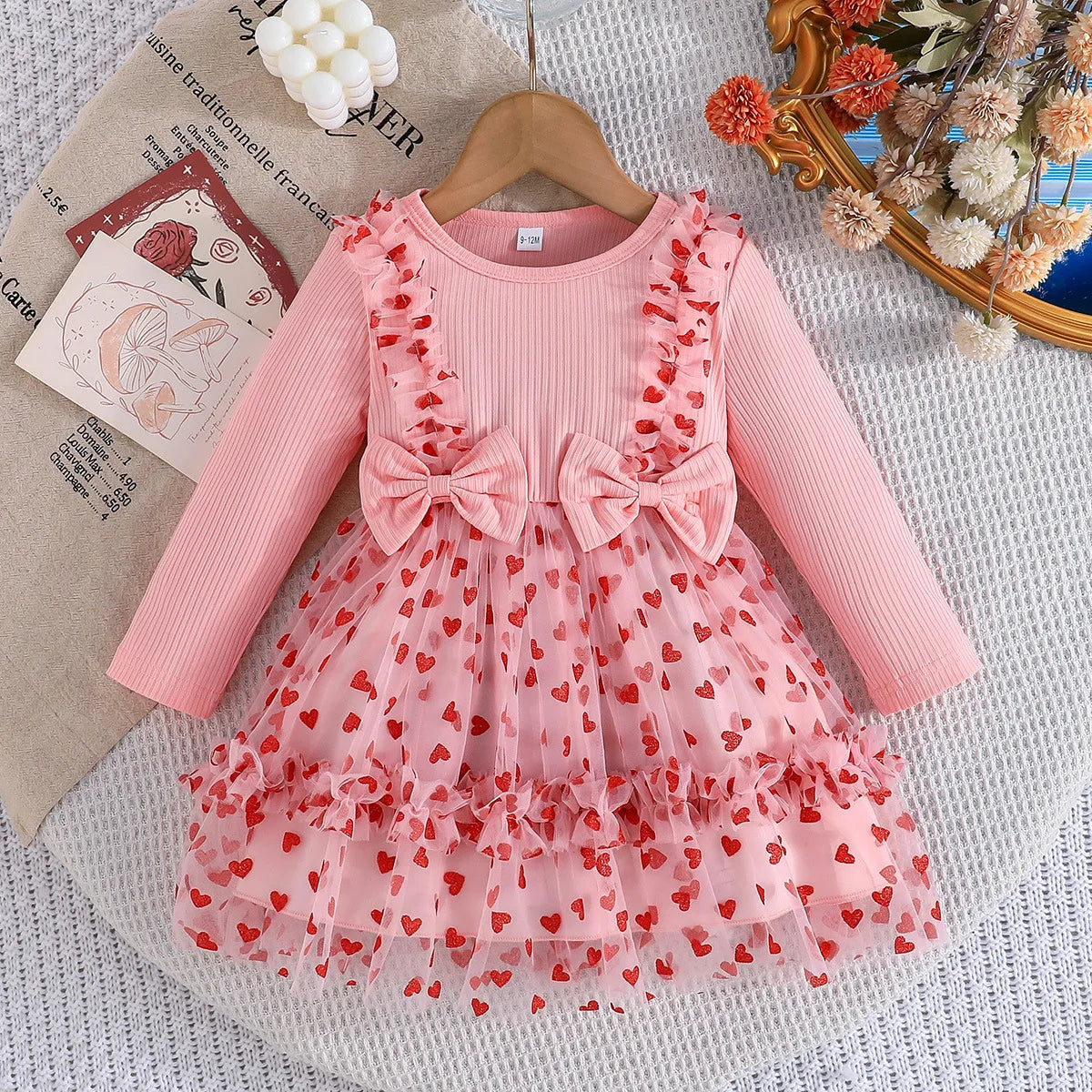 خريف أميرة baby بنت فستان exquisite bow love printed gauze جيب cotton ball gown ستايل for parties and evenings