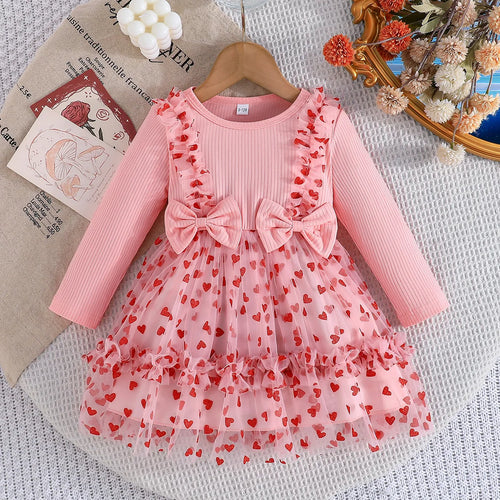 خريف أميرة baby بنت فستان exquisite bow love printed gauze جيب cotton ball gown ستايل for parties and evenings