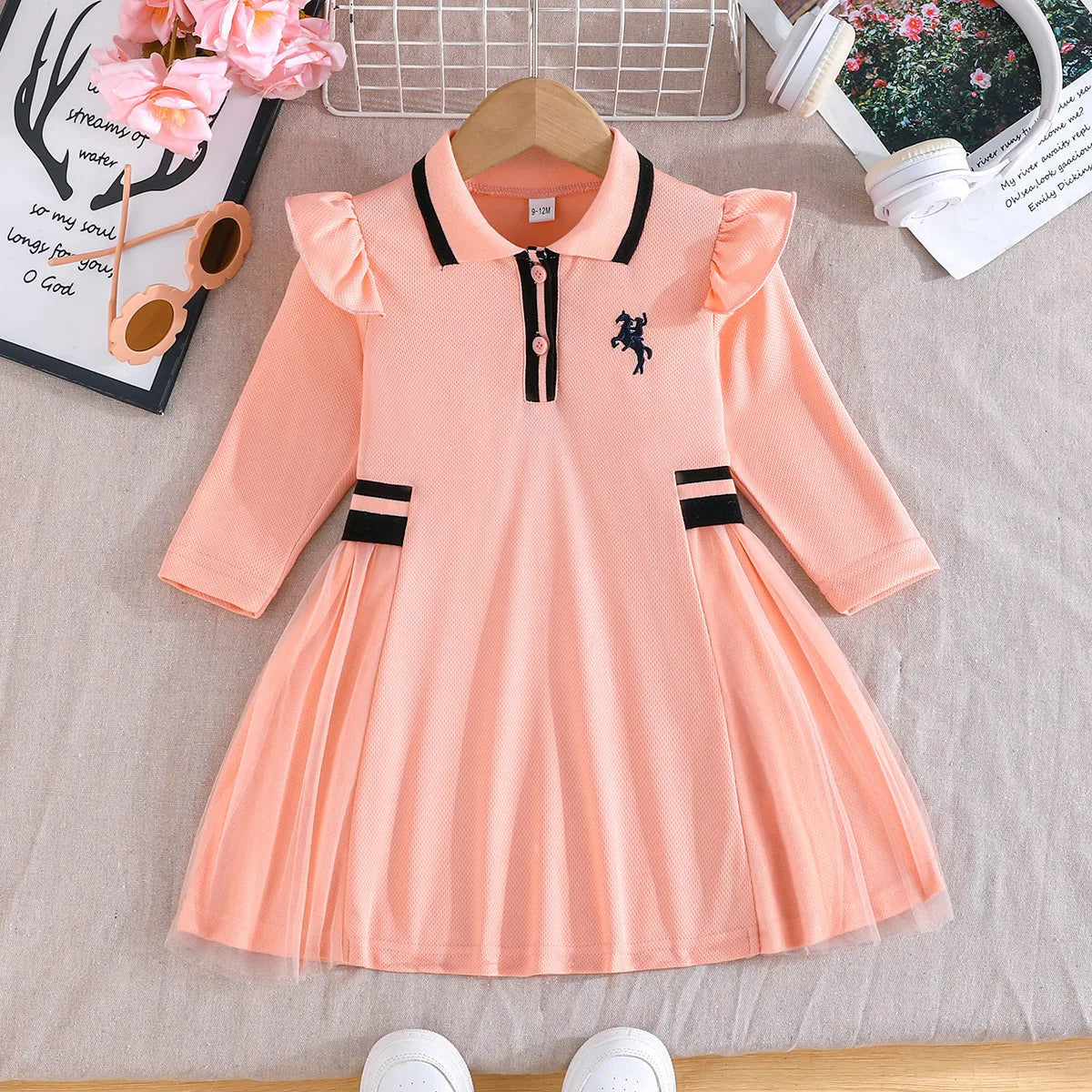 خريف أميرة ستايل baby بنت فستان pink polo collar بليسيه floral فستان for party children's wear